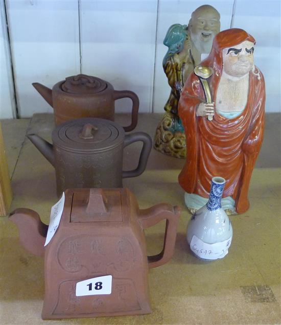 3 Chinese teapots and 2 Oriental figures and a vase